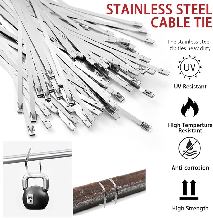 Metal Zip Tie Tool 300PCS (100 Each: 7.8/12/15.7 Inch) Stainless Steel Cable Tie Gun Kit | Self-Locking Fastening & Cutting Tool Metal Zip Tie Gun for Fencing, Exhaust Pipes, Automotive (Red)