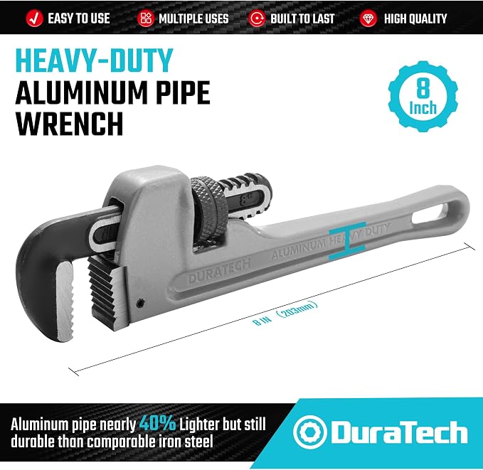 DURATECH 8-inch Aluminum Straight Pipe Wrench, Adjustable Plumbing Wrench | Heavy Duty,Drop Forged, Exceed GGG standard