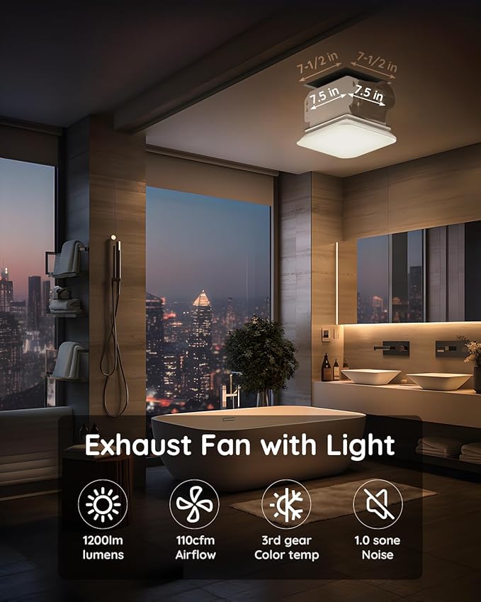 Fitop Bathroom Exhaust Fan with Light, 110 CFM 43W 1200LM Ceiling Mount Shower Ventilation Exhaust with Light, 1.0 Sones Bathroom Vent with Light, Bathroom Fan LED Light 3000K/4000K/5000K