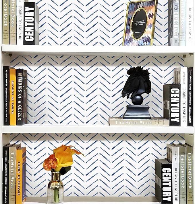 Rugreat Blue Herringbone Peel and Stick Wallpaper Modern 591inL17.3inW | Stripe Contact Paper for Cabinets Neutral Self Adhesive Removable Wallpaper for Bedroom Bathroom Waterproof Blue and White