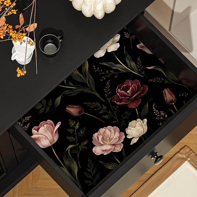 ILHIIOR Dark/Pink Floral Peel and Stick Wallpaper 17.5 x 118 Inches | Leaf Removable Self Adhesive Waterproof Contact Paper, Renter Friendly Decor for Cabinets, Drawers & Bedroom Walls