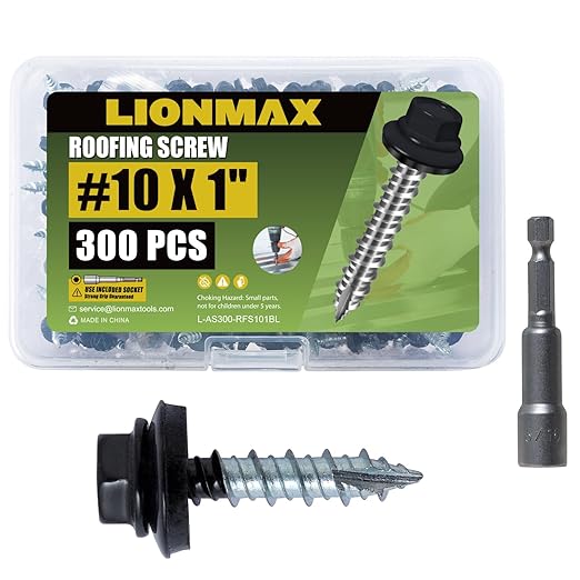 LIONMAX Metal Roofing Screws #10 x 1 Inch, 300-PCS, Black Painted Hex Head Sheet Metal Roof Screws, Rubber Washer, Sharp Point, Metal to Wood Siding Screws, Hex Socket Included