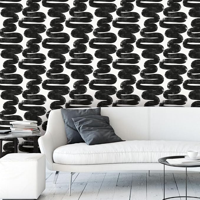 Tempaper x Bobby Berk White & Black Wiggle Room Removable Peel and Stick Wallpaper, 20.5 in X 33 ft, Made in The USA