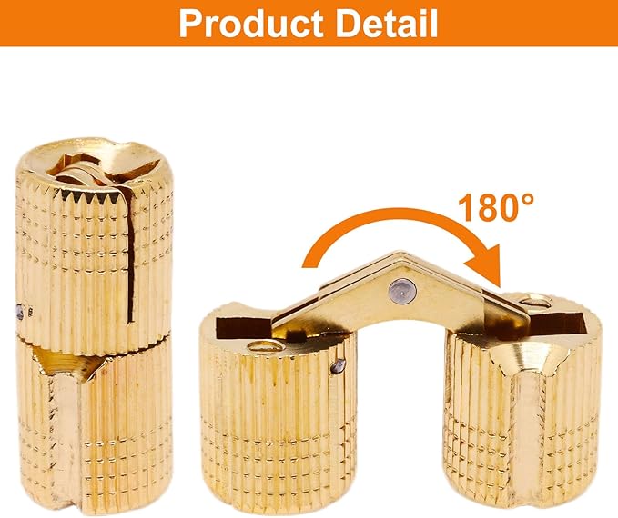 12mm Brass Barrel Hinges Cylindrical Hidden Cabinet Concealed Invisible Furniture Hinges Mount 180 Degree Opening Angle 12Pcs