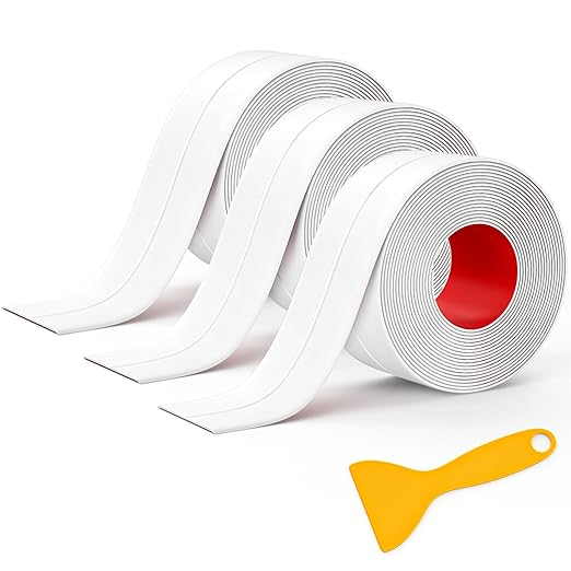 Mokani Caulk Tape Waterproof Self Adhesive, 3 Rolls White Caulking Sealant Strip for Kitchen, Countertop, Bathroom, Bathtub, Toilet Base, Floor Wall Edge Protector with Sealing Tool (1.5" x 10.5Ft)