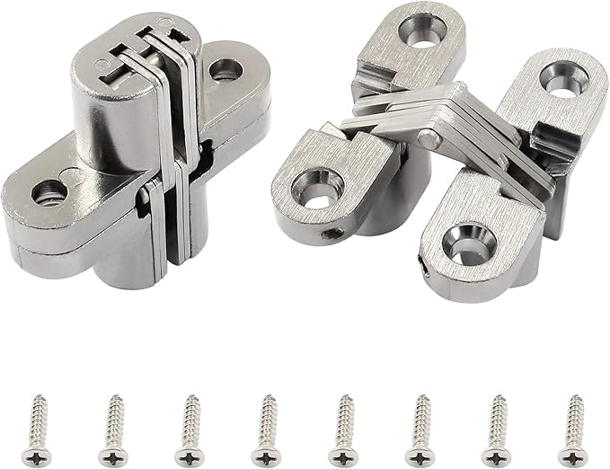 43.5 mm Hidden Hinge, Stainless Steel 180 Degree Invisible Cross Hinges for Kitchen Cabinet Door, Frameless Concealed Hinge with Screws, 2pcs