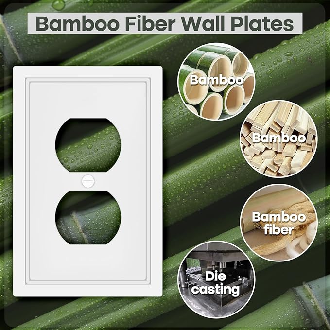 White Decorative Outlet Cover Wall Plates, Classic Switch Plates and Outlet Covers, Natural Bamboo Fiber Wall Plates for Electrical Outlets, Duplex Receptacle Cover - 4 Pack