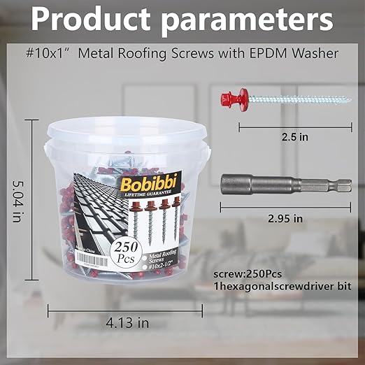 Metal Roofing Screws 10 x 2-1/2 inch, Red Hex Head Sheet Metal Roof Screw with EPDM Washer for Corrugated Roofing (250Pcs)
