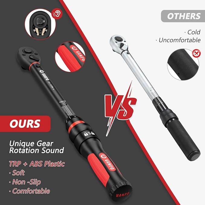 VANPO Torque Wrench 3/8-Inch Drive, 10-100 ft-lb, for Motorcycle | ±3% Precision, Calibration, Click Style, TPR+ABS Handle, Dual Direction, Dual Direction, for Spark plugs, Brake & Lug nuts