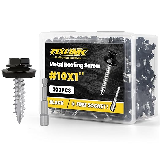 Metal Roofing Screws #10 × 1", 300 PCS, FIXLINK Baking Paint Hex Head Rubber Washer Sheet Metal Roof Screws Self Tapping Metal to Wood Siding Screws, Hex Socket Included, Black