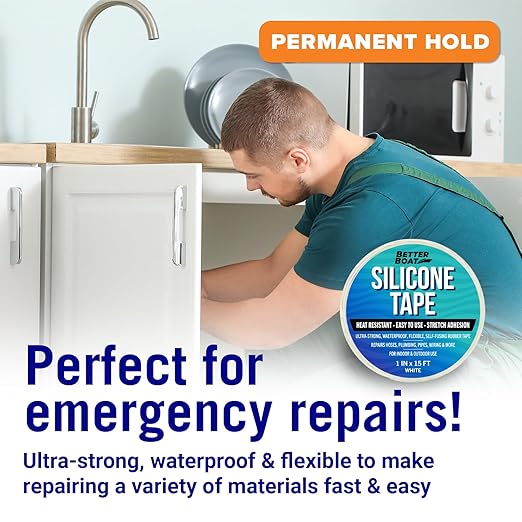 Better Boat Self Fusing Silicone Tape Waterproof White, Plumbing Tape for Leaks, Hose and Pipe Repair Tape, 1 in x 15 ft