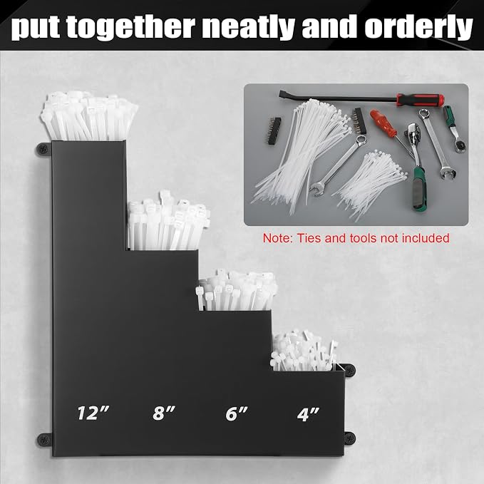 Cable Zip Tie Storage Holder Rack Metal Zip Tie Organizer Wall Mount Pockets with Screws for Workshop Shed Garage Home Ties, Ties and Tools Not Include (Black,10 x 9.5 Inch,4 Pockets)