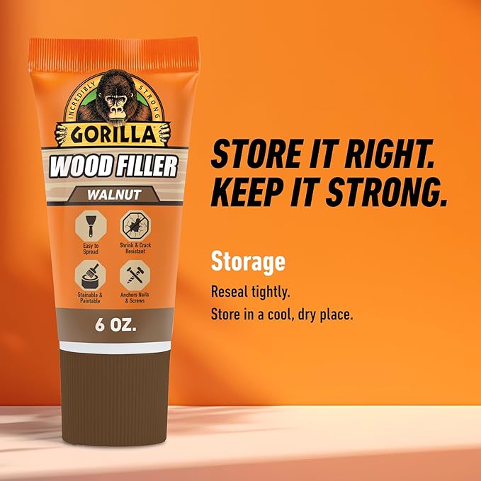 Gorilla All Purpose Wood Filler, Walnut Color, 6 Ounce Tube (Pack of 1) - Water Resistant for Indoor or Outdoor Projects and Repairs