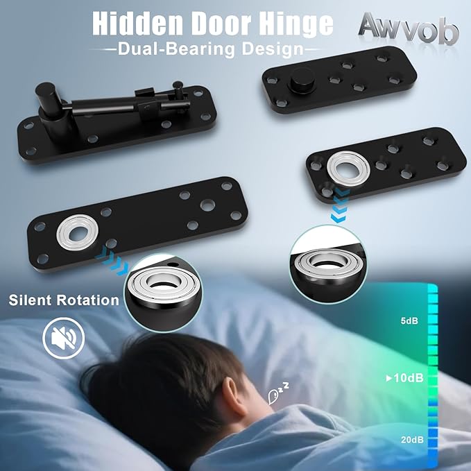 Hidden Door Hinge with Dual Bearing Design - Rotating Silent Invisible Door Hinge Kit for Heavy Duty Secret Door, Perfect for DIY Carpenters & Door Bookcase 580lbs Load-Bearing