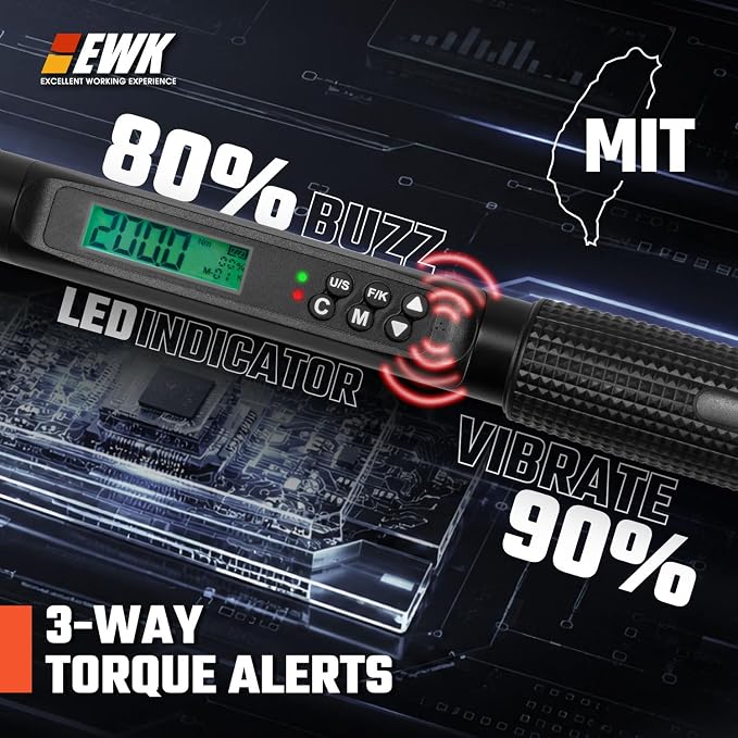 1/2 Inch Drive Digital Torque Wrench 7.4-147.6 ft-lbs (10-200 Nm) | IS0 6789, ±1.5% clockwise / ±2.5% counterclockwise, LCD Display, LED Buzzer Vibration Alert, 30 Memory Values