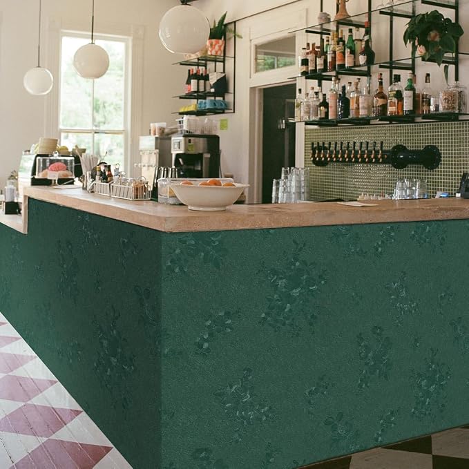 Dark Green Wallpaper Silk Embossed Texture Contact Paper 197in17.7in | Emerald Green Floral Wallpaper,Thicken Self Adhesive Removable,Used for Cabinet Kitchen Bedroom Bathroom Waterproof WallDecor