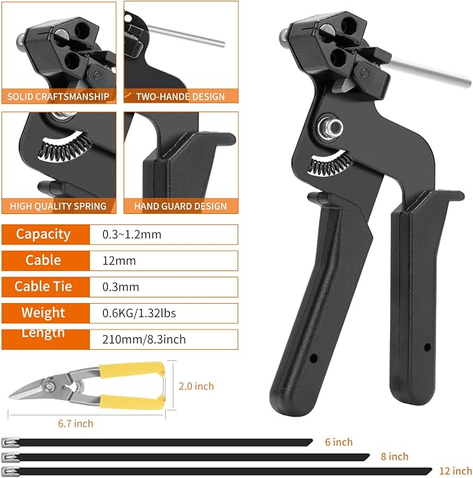 BethTie Stainless Steel Cable Tie Gun Set, with 300PCS Black Metal Zip Ties (100 Each of 6, 8, 11.8 Inch), Adjustable Fastening Cutting Tie Tool Sets for Fencing, Exhaust Pipes, Automotive