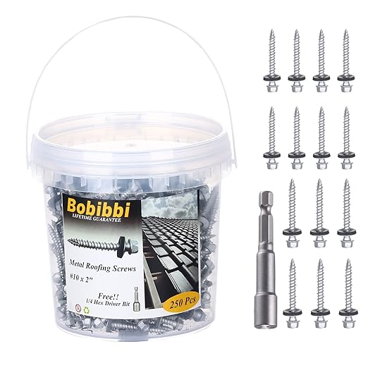 Metal Roofing Screws 10 x 2 inch, Hex Head Sheet Metal Roof Screw with EPDM Washer for Corrugated Roofing (250Pcs)