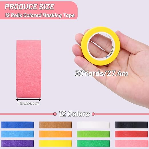 Oleitodh 12 Rolls Colored Masking Tape-1 inch x 1080 Ft Painters Tape, Rainbow Colors Rolls Bulk Colorful Paper Marking Tape Decorative Arts Crafts Labeling DIY School Classroom Supplies