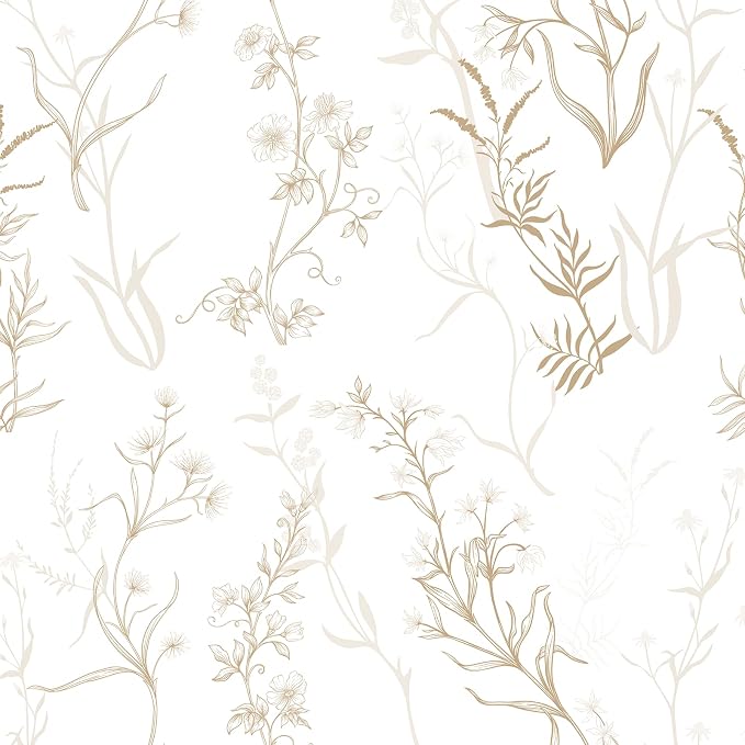 Timeet Botanical Floral Peel and Stick Wallpaper Beige Wildflower Self Adhesive Wall Paper Removable Plant Vine Wallpaper Contact Paper for Living Room Bedroom Accent Decor 17.7" x 197"