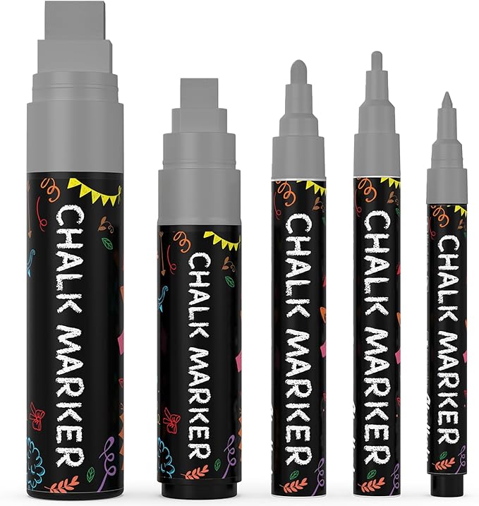 Chalkola 5 Grey Chalk Markers - Dry Erase Markers for Blackboard, Chalkboard Signs, Windows, Glass, Car | Variety Pack - Chalkboard Chalk Pens, Fine & Jumbo Size Ink Pen (1mm, 3mm, 6mm, 10mm, 15mm)