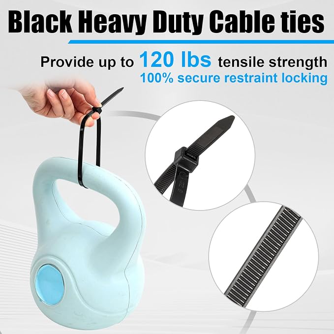 Reallnaive 50 Pcs 8 Inch Zip Ties Heavy Duty 120 Lbs Tensile Strength Black Nylon Wire Cable Ties for Indoor Outdoor
