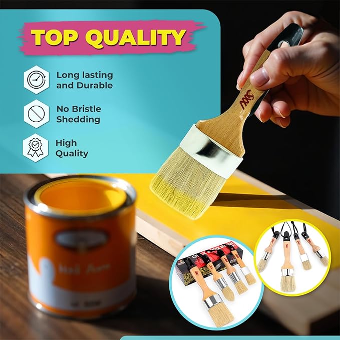 Chalk Paint Brushes for Furniture 5-Piece Set, Natural Bristle Round & Oval - 3 Small & 2 Large Wax Brushes (1-2.5"), for Painting, Stenciling, Waxing, Works with All Chalk Paints, Annie Sloan & Waxes