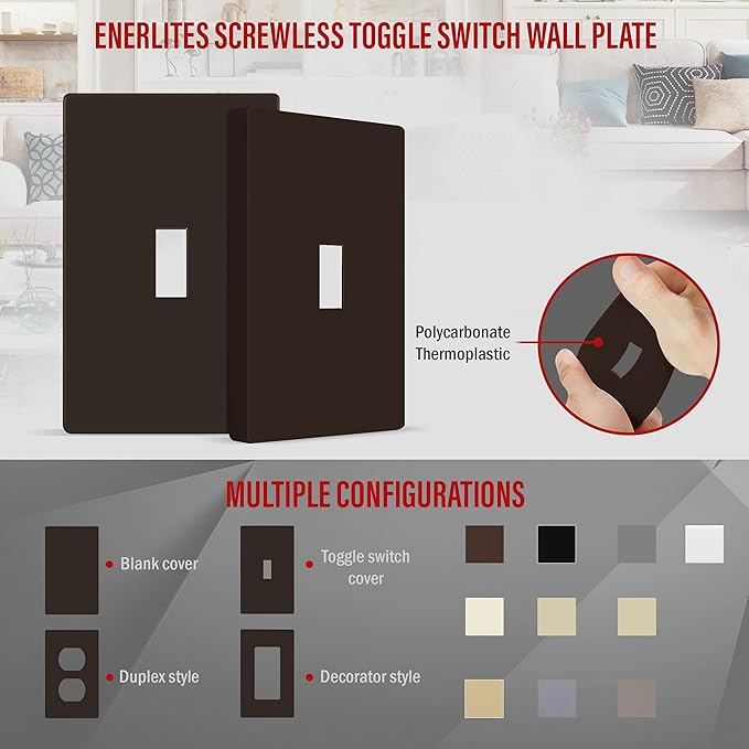 ENERLITES Screwless Toggle Switch Wall Plate, Child Safe Light Switch Cover, Standard Size 1-Gang 4.68" x 2.93", Unbreakable Polycarbonate Thermoplastic, UL Listed, SI8811-BR, Glossy, Brown
