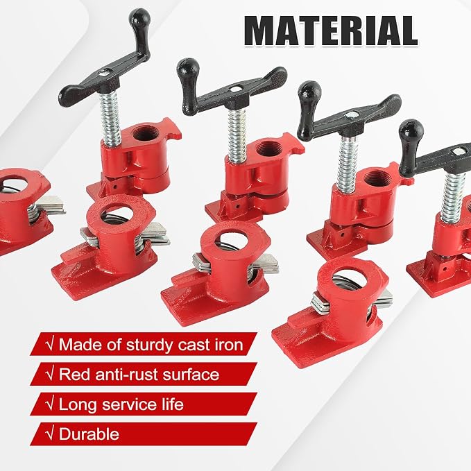 4 Pack 1/2 Inch Pipe Clamps, Wood Gluing Pipe Clamp Set, Heavy Duty Cast Iron Quick Release Pipe Clamps for Woodworking
