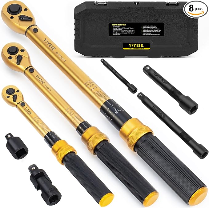 1/4 3/8 1/2-inch Drive Click Torque Wrench, 8Pcs Torque Wrench Set 10-230in.lb, 5-50ft.lb, 10-180ft.lb with Adapters, ±3% Accuracy, 72-Tooth Dual Scale Torque Wrenches for Bike, Moto, Car Repair