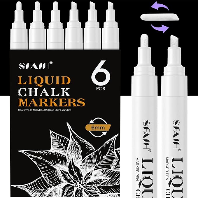 SFAIH Liquid Chalk Markers for Blackboard - White 6 Pack 6mm Reversible Tip, Wet Erase Chalk Marker for Chalkboard, Menu, Bistro, Signs, Windows, Glass, Labels, Dust-Free [1s Wet Wipe] - No Residue
