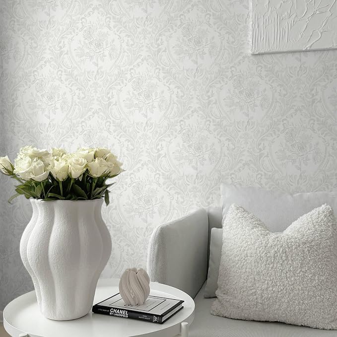 Ismoon Floral Peel and Stick Wallpaper Grey Contact Paper Boho Watercolor Damask Wallpaper Vintage Textured Removable Self Adhesive Vinyl Wall Paper Renter Friendly, 17.3 in X 32.7 ft