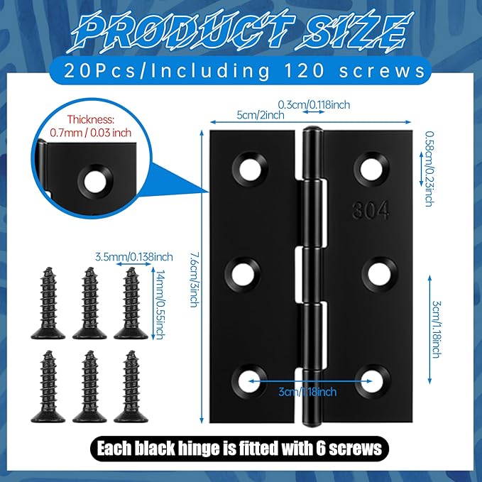 20 Pack Black Door Hinges 3 Inch, Stainless Steel Folding Hinges Interior Hinge Black Butt Hinge for Furniture Wooden Box Chest Window Case Lid Home Use