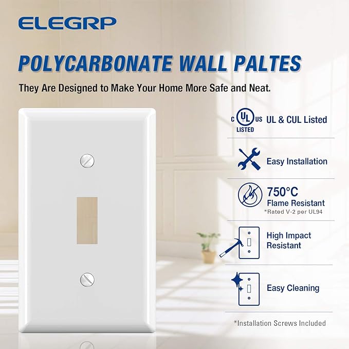 ELEGRP Toggle Light Switch Wall Plate, 1-Gang Standard Size Switch Covers, Unbreakable Polycarbonate Replacement Faceplates Covers, UL Listed, Color-matched Screws Included (10 Pack, Glossy White)