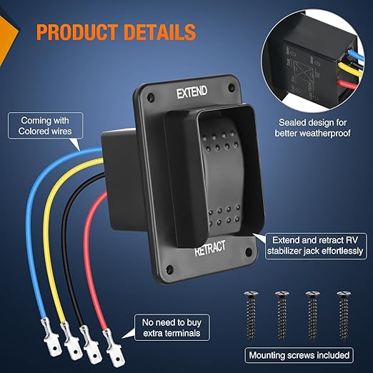 Nilight RV Electric Stabilizer Jack Switch Power Rocker Switches Extend Retract ON Off ON Momentary Waterproof with Harness for Trailer Boat Truck Linear Actuator