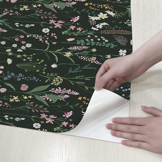17.3'' x 393.7" Floral Peel and Stick Wallpaper Vinyl Flower Wallpaper Vintage Vinyl Peel and Stick Wall Paper for Kitchen Cabinet Furniture Renter Friendly (Covers 47.4 Sq Ft)