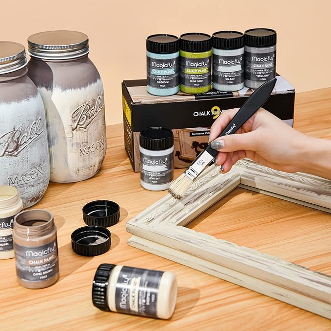 Magicfly 15 Pcs Chalk Furniture Paint Set, 9 Colors Ultra Matte Finish Acrylic Craft Paint Set (60 ml/2 oz) with 1 Liquid Wax, 2 Brushes, 3 Sandpapers, Perfect for Home Decor, Crafts-Farmhouse