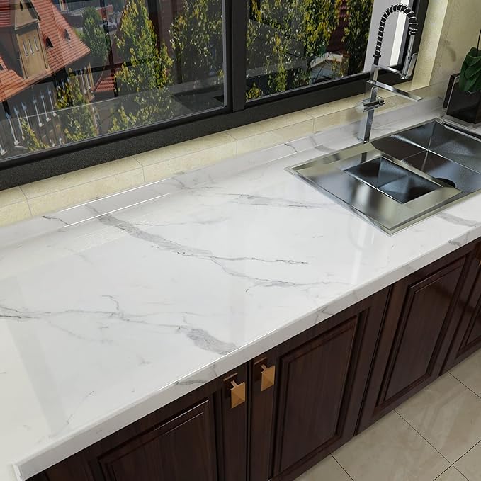 White Grey Marble Contact Paper for Countertops Cabinets 16x354 inch Glossy Marble Peel and Stick Wallpaper Waterproof Removable Self-Adhesive Vinyl Wrap for Kithcne Bathroom Table Furniture
