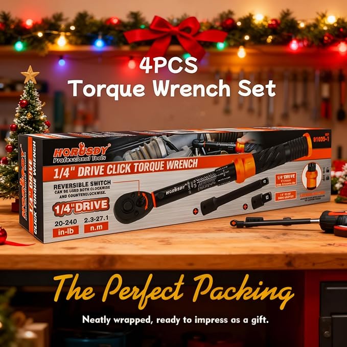 HORUSDY 1/4" Torque Wrench 4PCS Set, 20-240 in-lb Click Torque Wrench with 3" Extension Bar & 1/4" to 3/8" Adapter, Cr-V Inch Pound Torque Wrenches for Bike, Motorcycle & Small Engine Repair