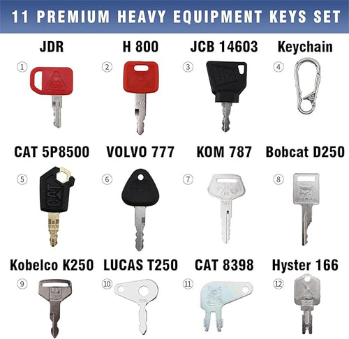 11 Pcs Heavy Equipment Replacement Keys Compatible with CAT, JD, Case, Komatsu, Hyster, Kubota, JCB, Bobcat, Daewoo, JLG, Toyota, Master Ignition Key for Workers and Opeartors