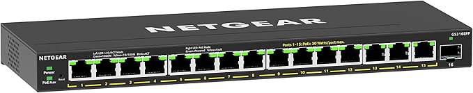 NETGEAR 16-Port PoE Gigabit Ethernet Easy Smart Managed Essentials Switch (GS316EPP) - with 15 x PoE+ @ 231W, 1 x 1G SFP Port, Desktop or Wall Mount