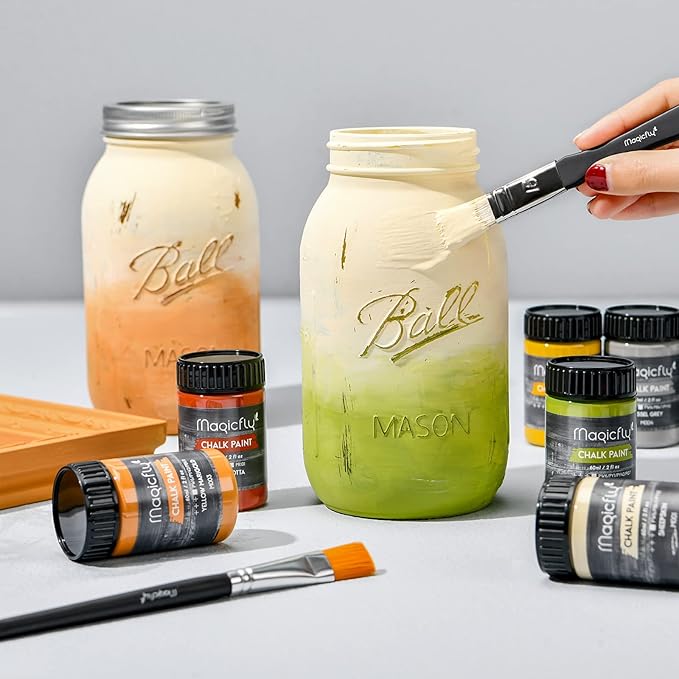 Magicfly 15 Pcs Chalk Furniture Paint Set, 9 Colors Ultra Matte Finish Acrylic Craft Paint Set (60 ml/2 oz) with Liquid Wax, 2 Brushes, 3 Sandpapers, Chalk Paint for Furniture, Crafts, Rustic Colors