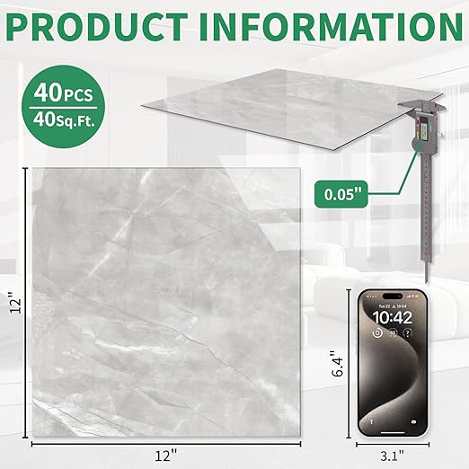 40-Pack Peel and Stick Floor Tiles Vinyl Floor 12 x 12 inch Self Adhesive Waterproof Glossy Flooring Planks DIY for Bathroom, Kitchen, Living Room, RV, Cover 40 Sq. Ft, Polish Light Grey Marble
