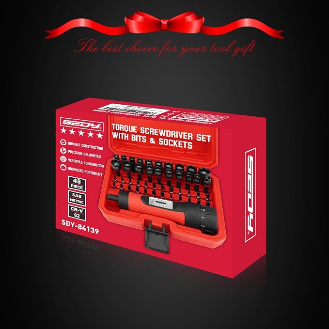 Torque Screwdriver 10-70 in-lb, 45-Piece 1/4" Drive Set with 24 S2 Steel Bits, 20 CR-V Magnetic SAE and Metric Nut Drivers, Storage Case, Inch Pound Torque Wrench for Automotive, Bike and DIY Repair