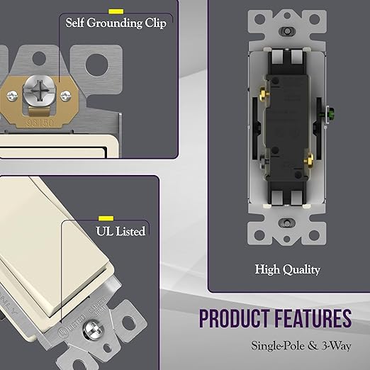 ENERLITES 3-Way Decorator Paddle Rocker Light Switch with Wall Plate, Gloss Finish, Single Pole or Three Way, 3 Wire, Grounding Screw, 15A 120V/277V, UL Listed, 93150-LAWP, Light Almond (10 Pack)