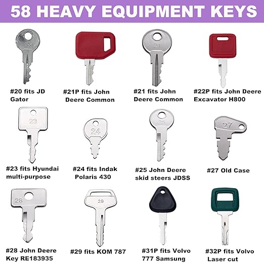 58 Heavy Equipment Key Master Set, Construction Ignition Key Heavy Machinery Fits Cat Caterpillar John Deere Komatsu Bobcat Kubota JCB Case Hyster Yanmar Daewoo Takeuchi New Holland