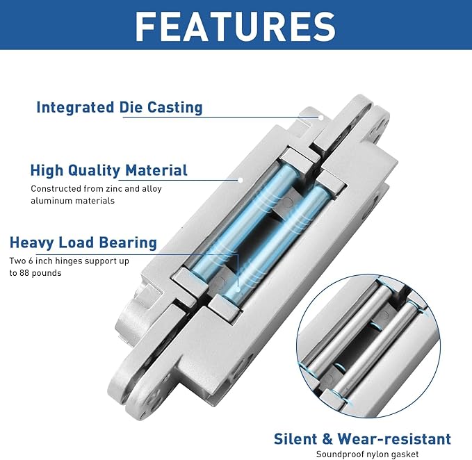 TamBee Invisible Hinge Hidden Door Hinges - Silver, Zinc Alloy, Concealed, 3 Way Adjustable for Hidden Door, Bookcase Door and Secret Doors 6 Inch (1 Hinge)