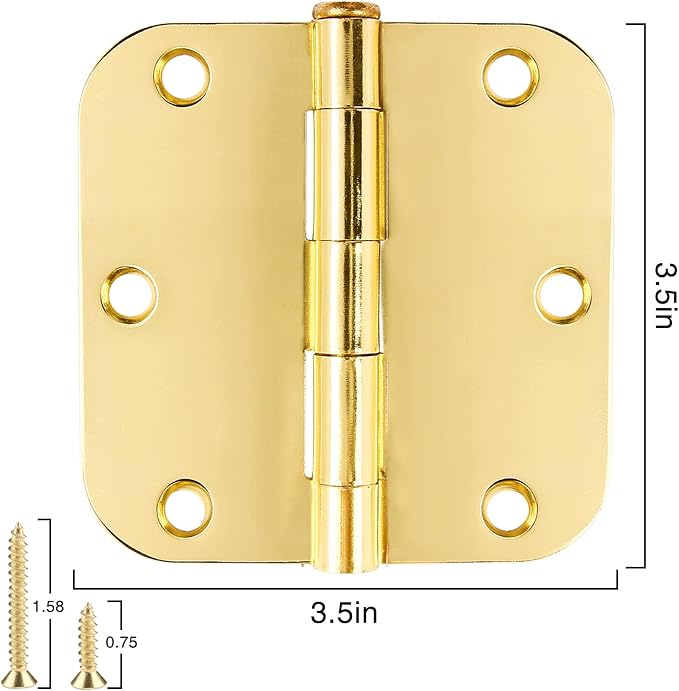 Door Hinges Polished Brass 3.5 Inch Door Hinges Gold 6 Pack 5/8" Radius Corners 3-1/2 Interior Door Hinge for Doors Bedroom Yellow Shiny Luxury Residential Door Hardware Bright Brass Hinge JIW