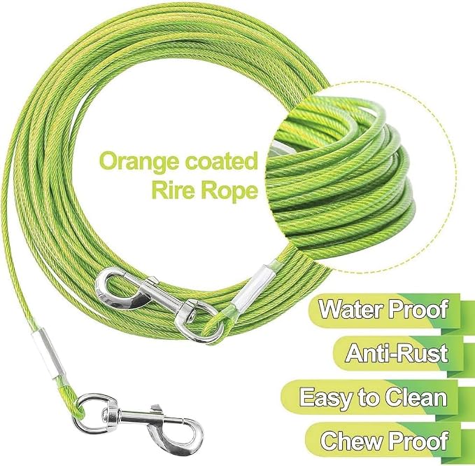 Tie Out Cable for Dogs,10/20/30/50/100FT Dog Leads for Yard Chew Proof,Heavy Duty Tie Out Cable for Large Dogs Up to 125lbs,Dog Runner Tether (Green, 125Ibs 100ft)
