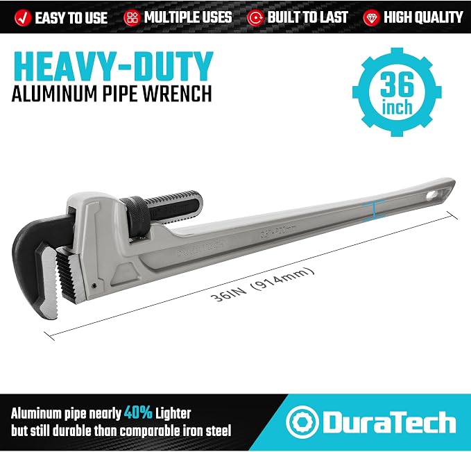 DURATECH 36-inch Aluminum Straight Pipe Wrench, Adjustable Plumbing Wrench | Heavy Duty, Drop Forged, Exceed GGG standard